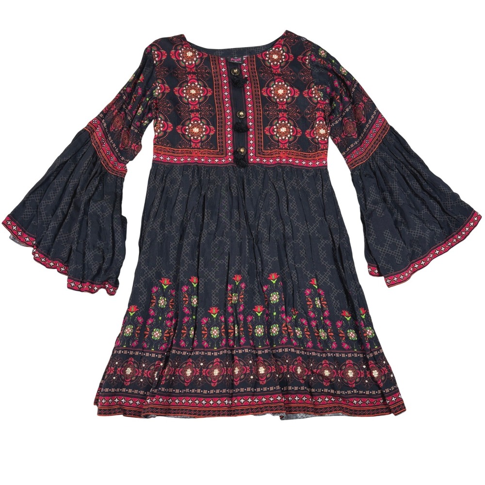 Sha Posh Black Red Floral Geometric Bell Sleeve Tunic Dress Small Pakistan Boho